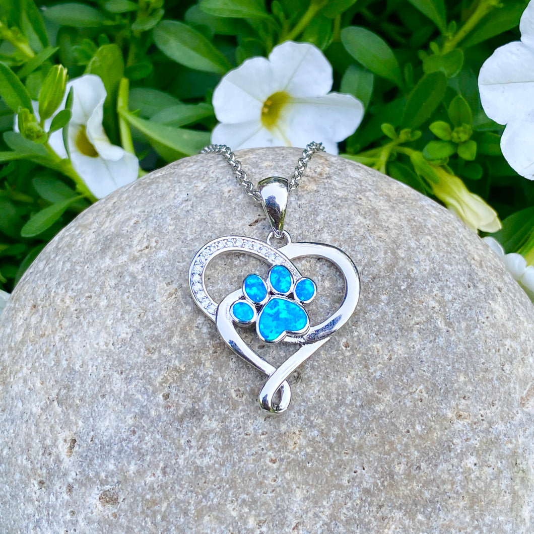 Blue Opal Heart & Paw Necklace