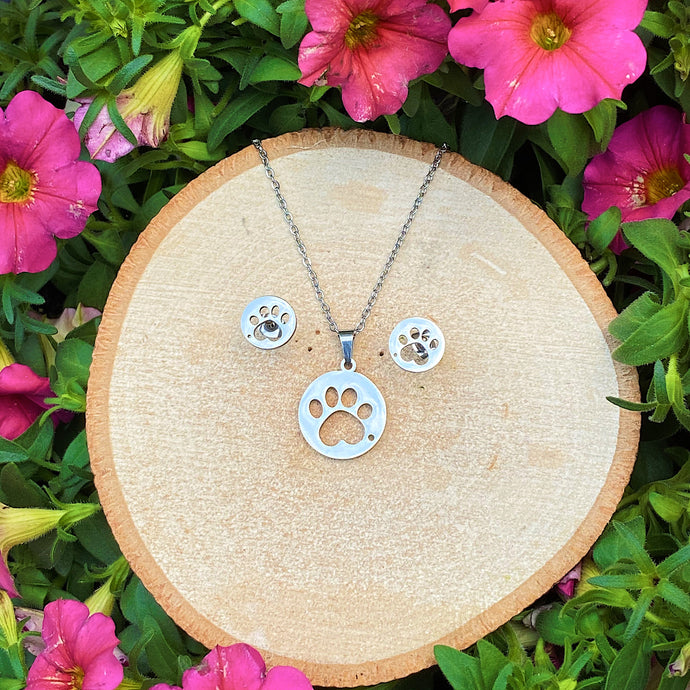 Round Paw Necklace and Earrings Set