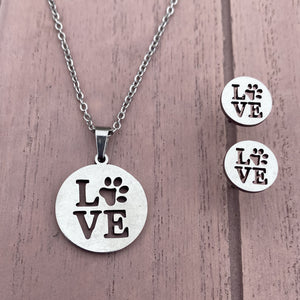 Love Paw Print Necklace and Earrings Set